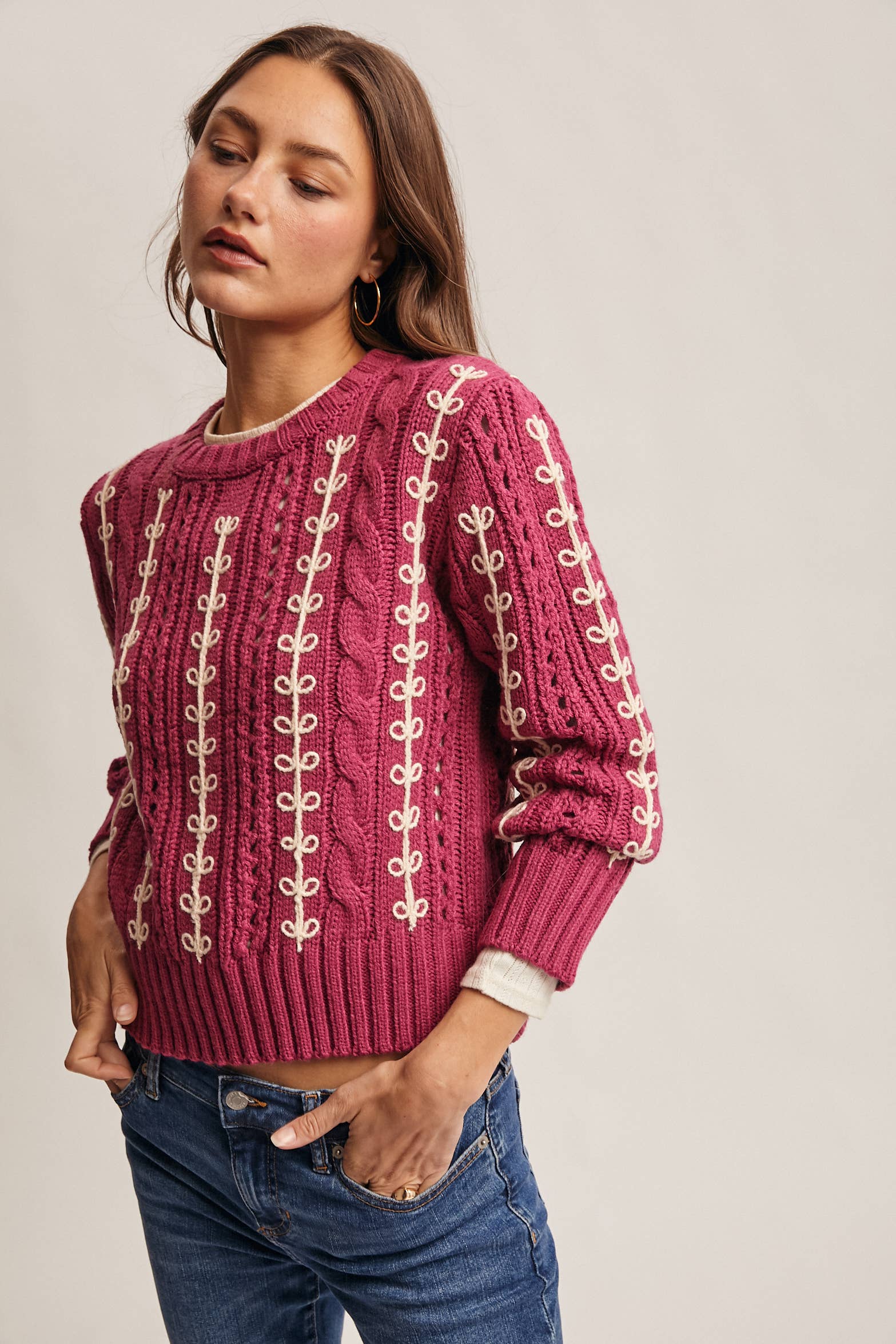 Embroidered Cable Knit Pullover