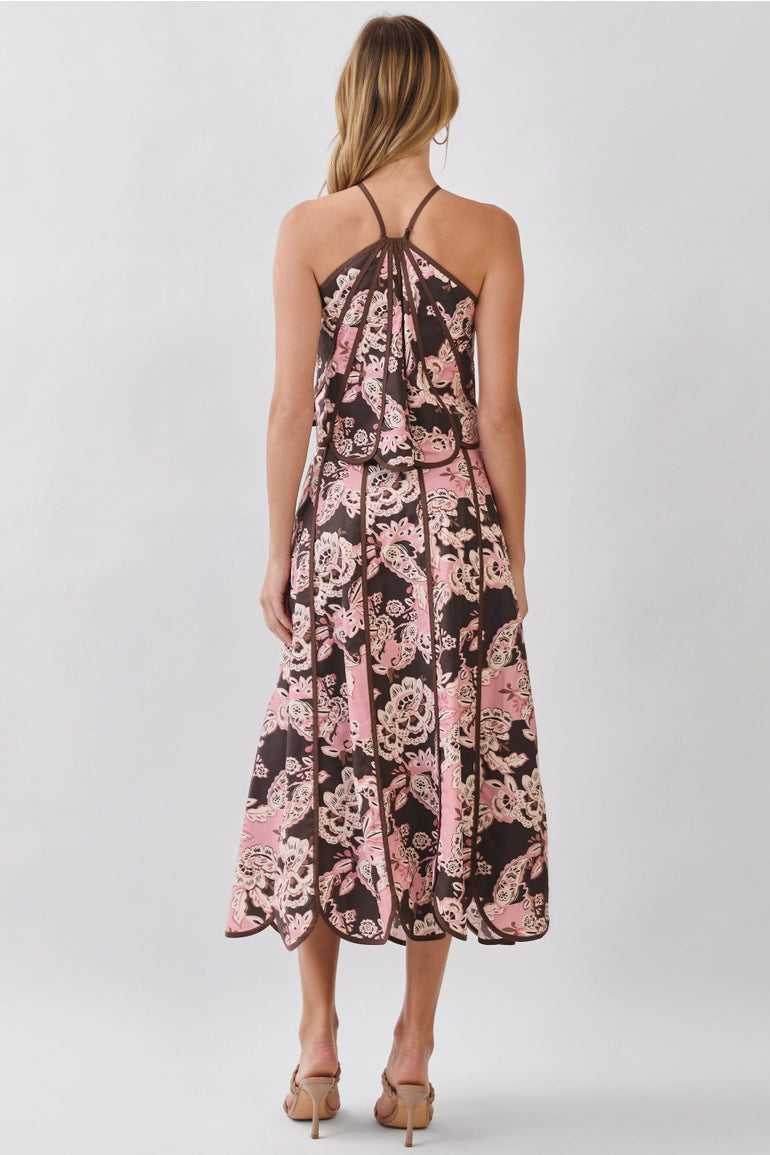 Floral Print Scalloped Hem Midi Skirt & Halter Top