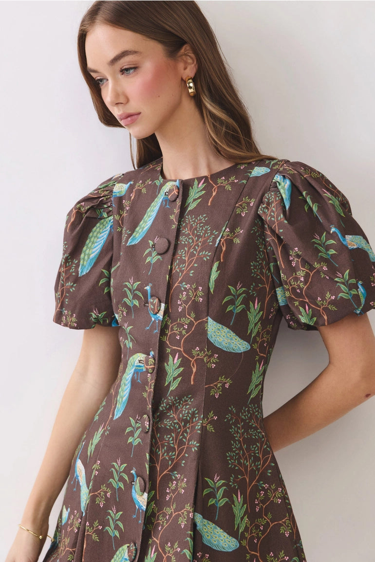 Peacock Print Button Down Mini Dress