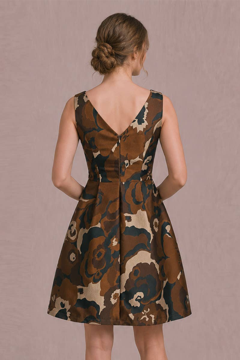 Boat Neck Brown Patterned Mini Dress