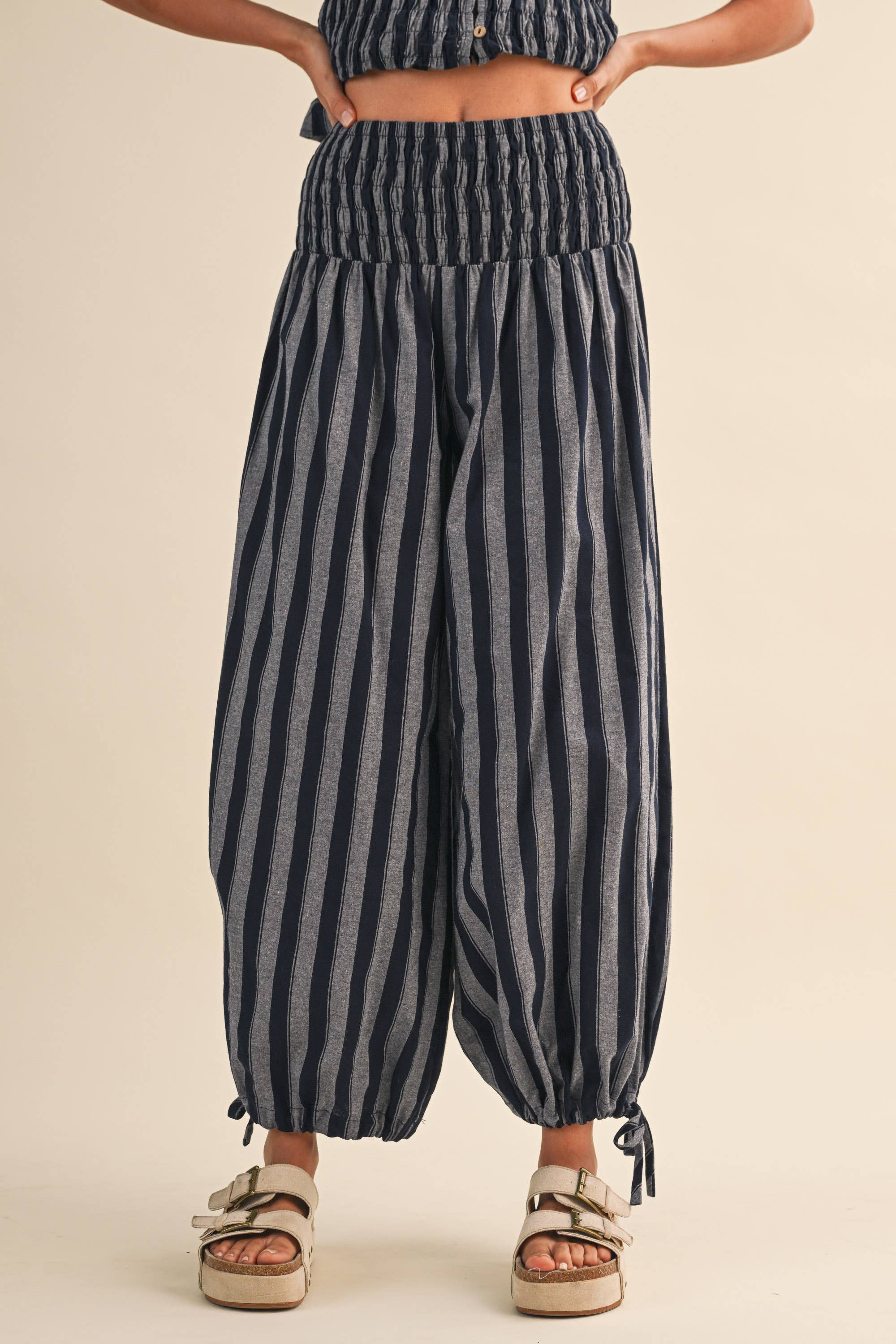 Navy Stripe Smocked Ruffle Top and Pants Set
