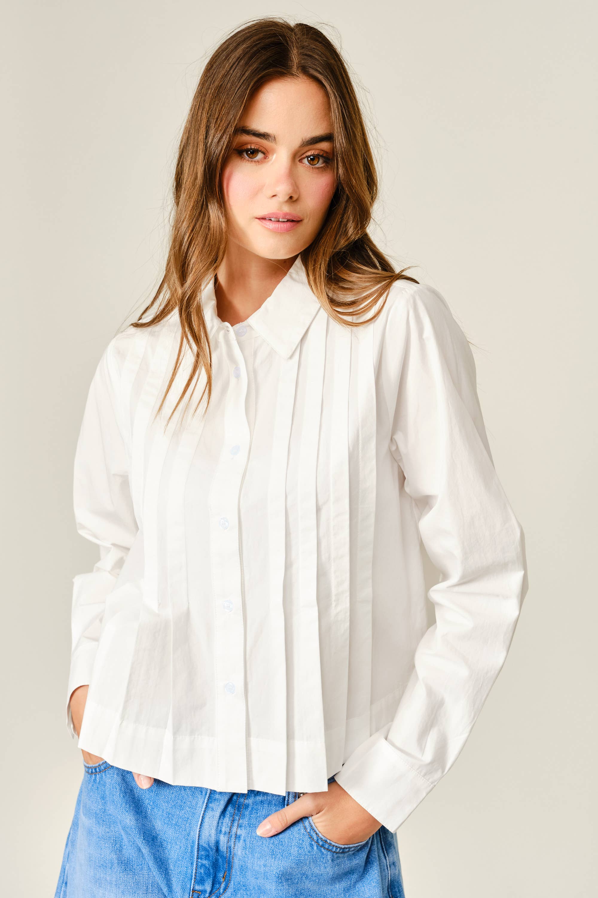 Pleated Cotton Button Down Shirt