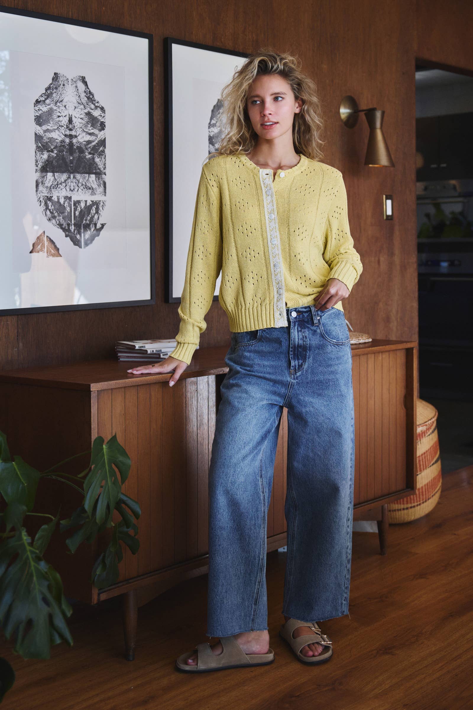 Pointelle Knit Cardigan with Lace Trim