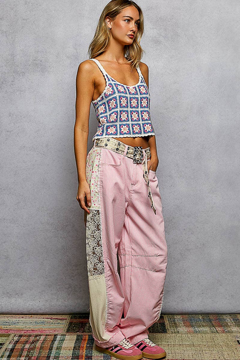 Pink Stripe Lace Trim Barrel Fit Denim Pants