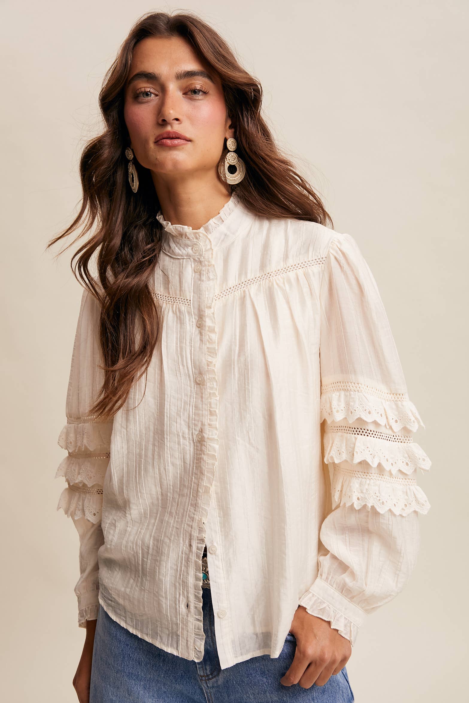 Lace Ruffle Sleeve Pintuck Blouse