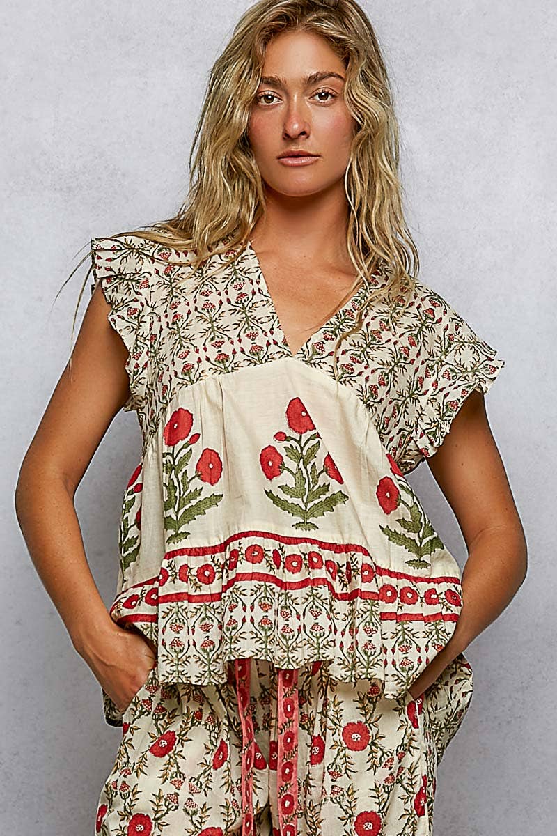 Floral Pattern Ruffle Sleeve Top