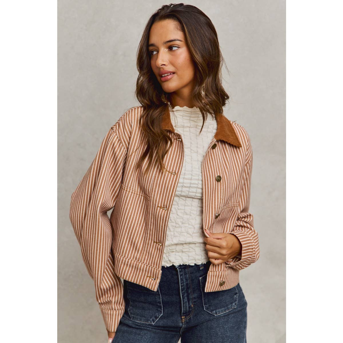 Stripe Twill Button Down Corduroy Collar Jacket