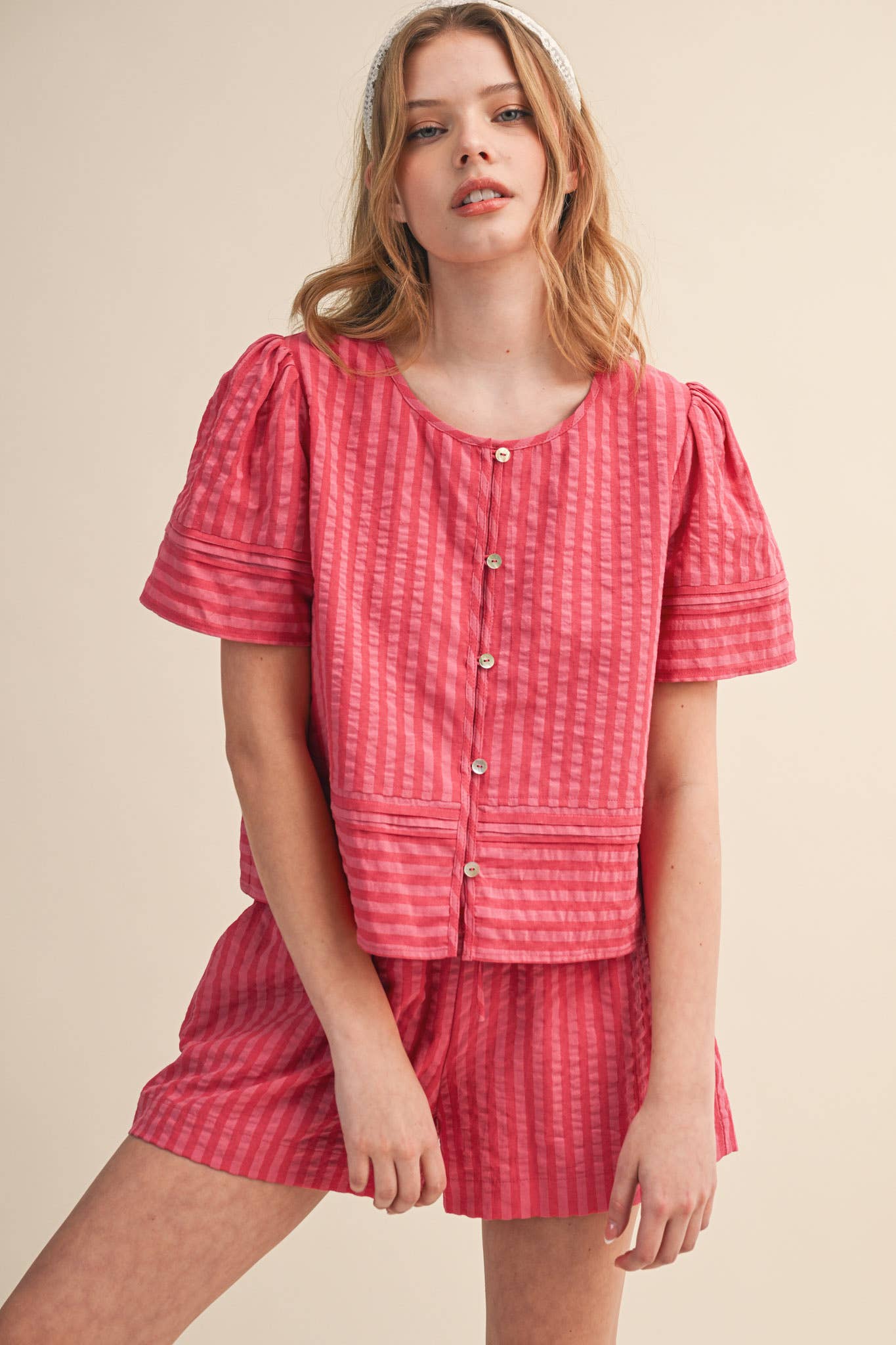 Striped Button Up Top and Shorts Set