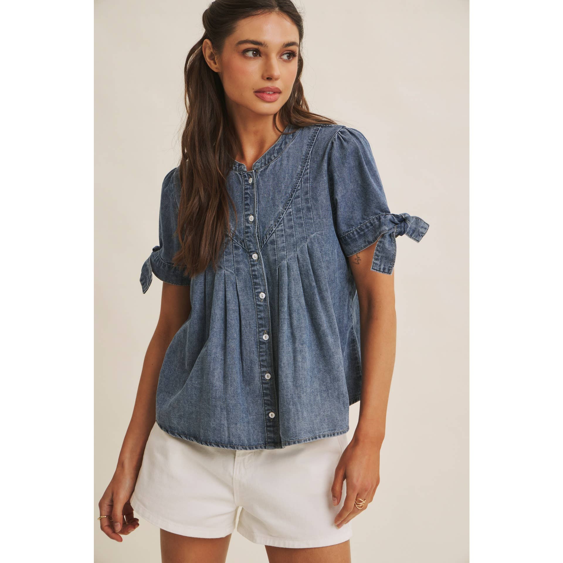 Mineral-Washed Denim Pintuck Shirt
