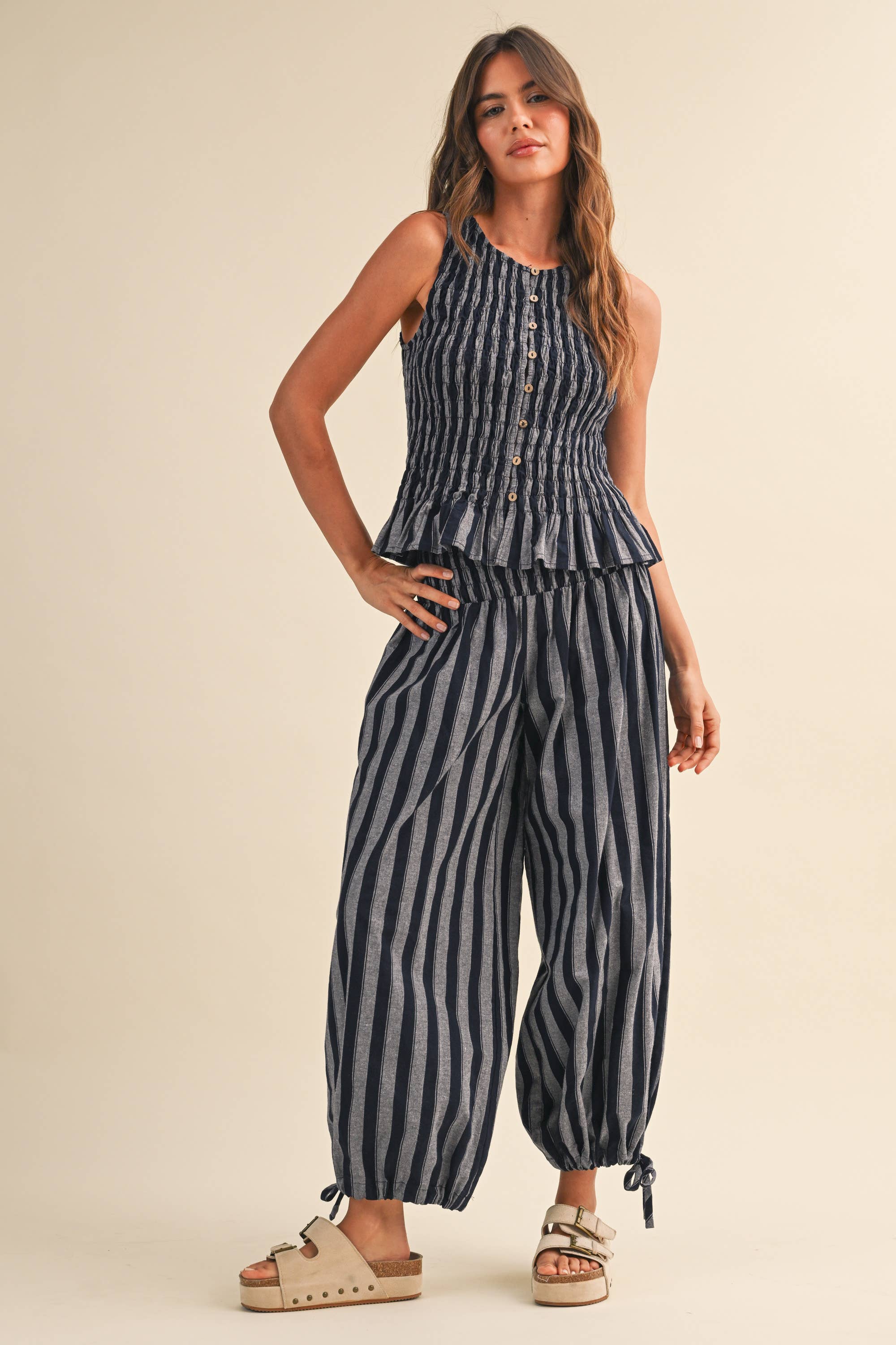 Navy Stripe Smocked Ruffle Top and Pants Set