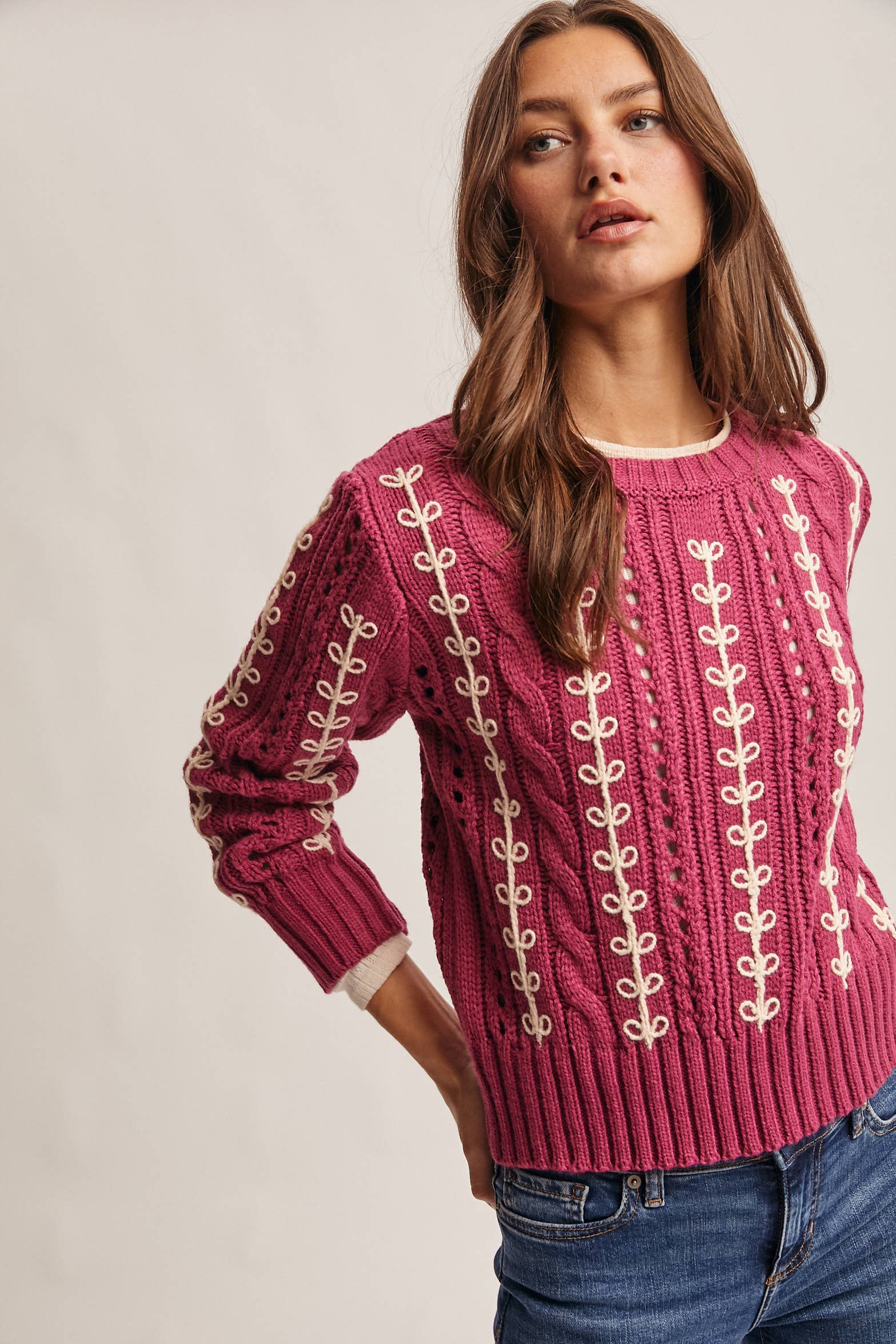 Embroidered Cable Knit Pullover