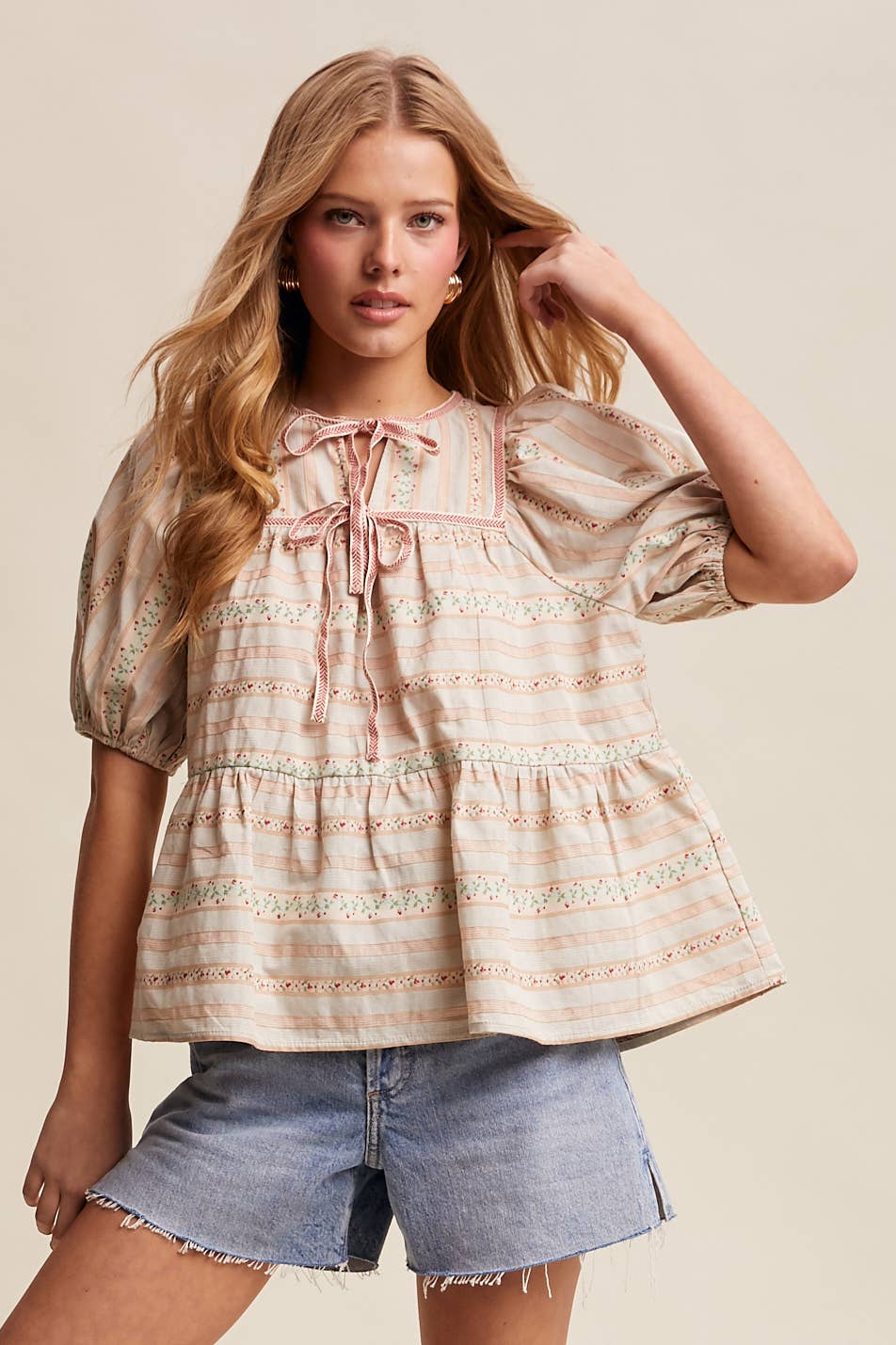 Floral Lace Trim Peasant Blouse