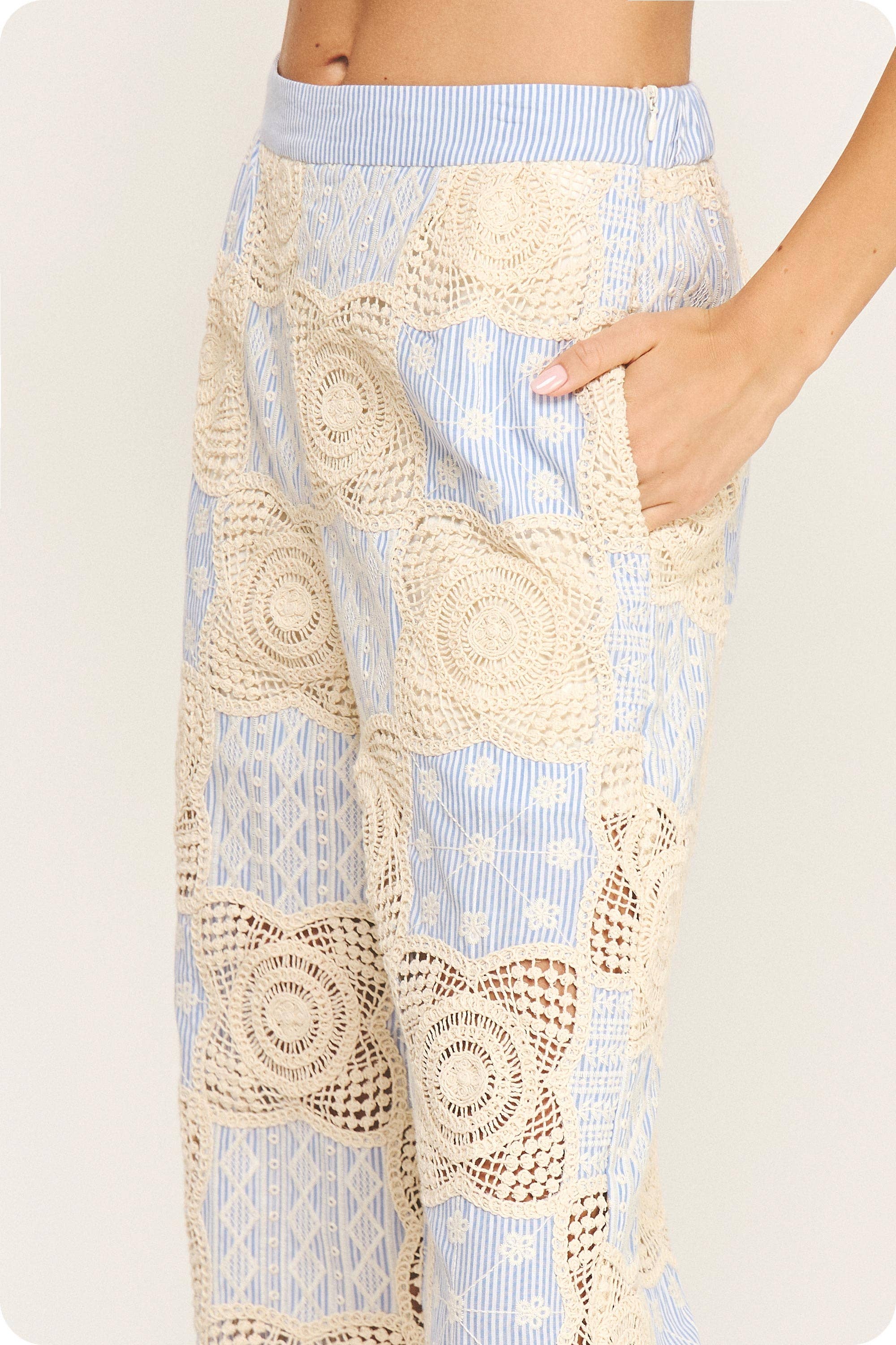 Crochet Striped Pleated Detail Wide-Leg Pants
