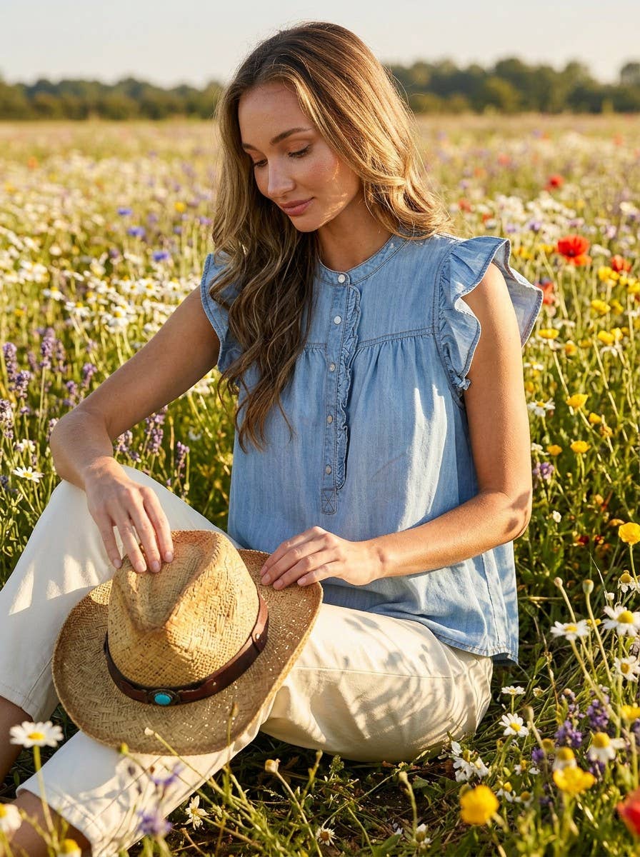 Ruffle Sleeve Chambray Denim Top