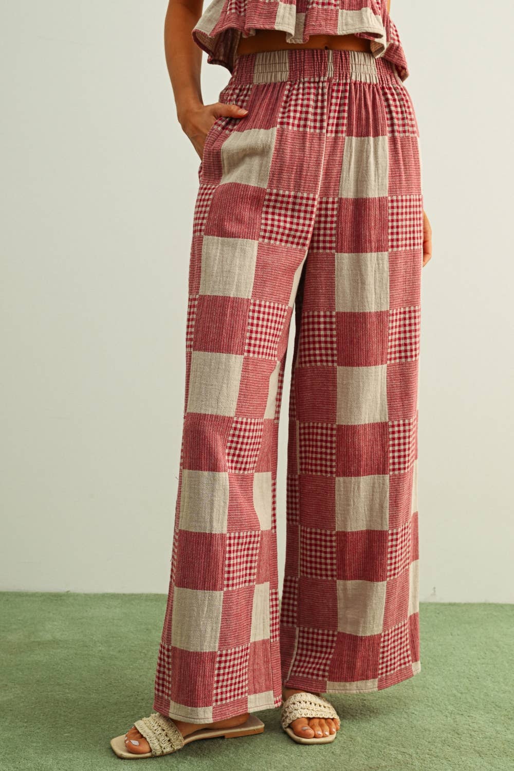 Red Gingham and Stripe Patch Effect Pants