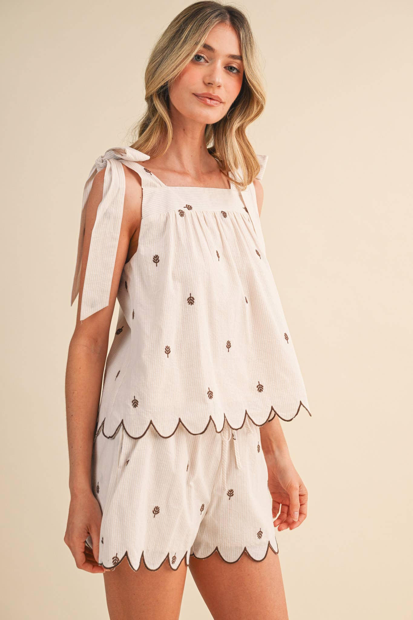 Leaf Embroidery Striped Tank and Shorts Set