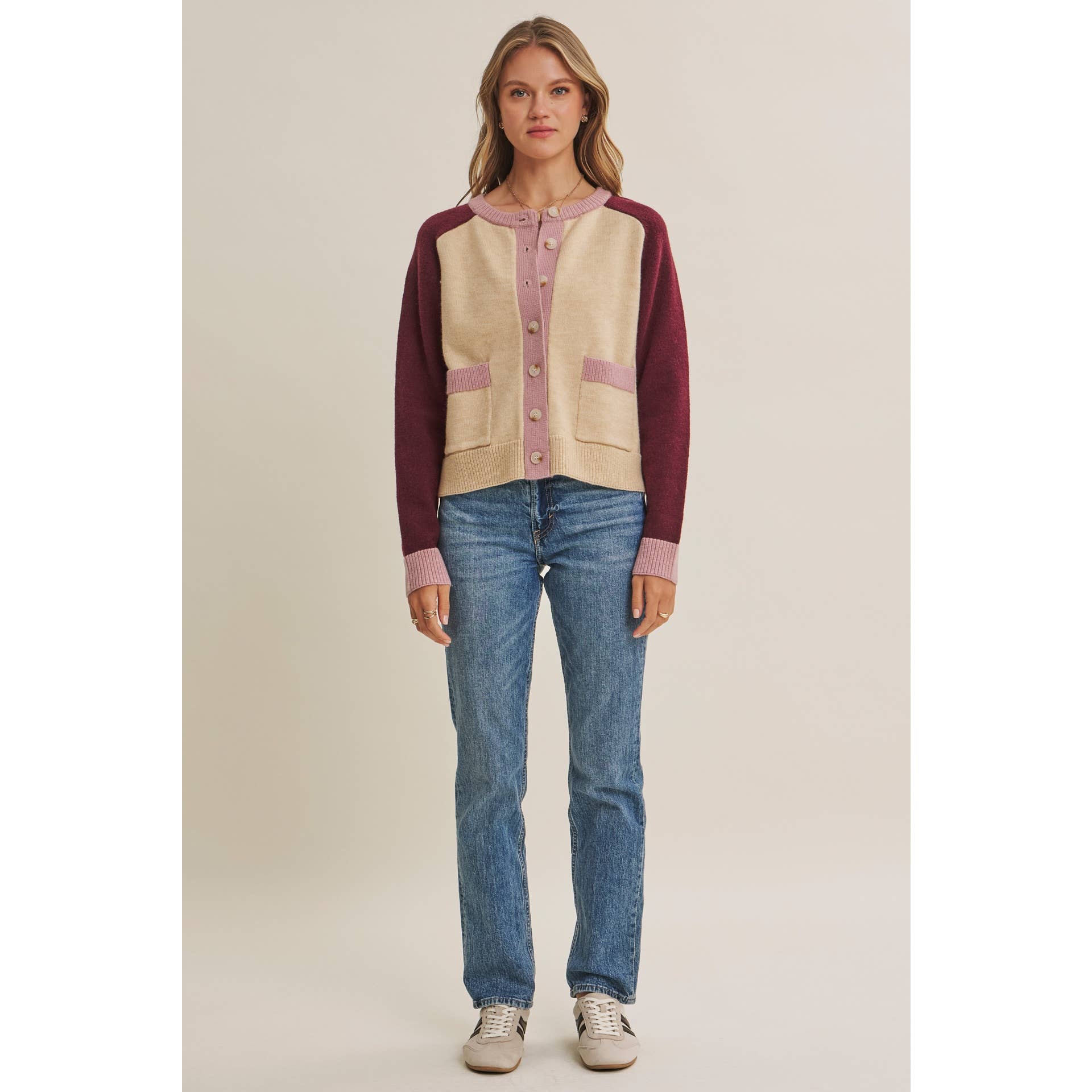 Colorblock Wool Blend Crewneck Cardigan