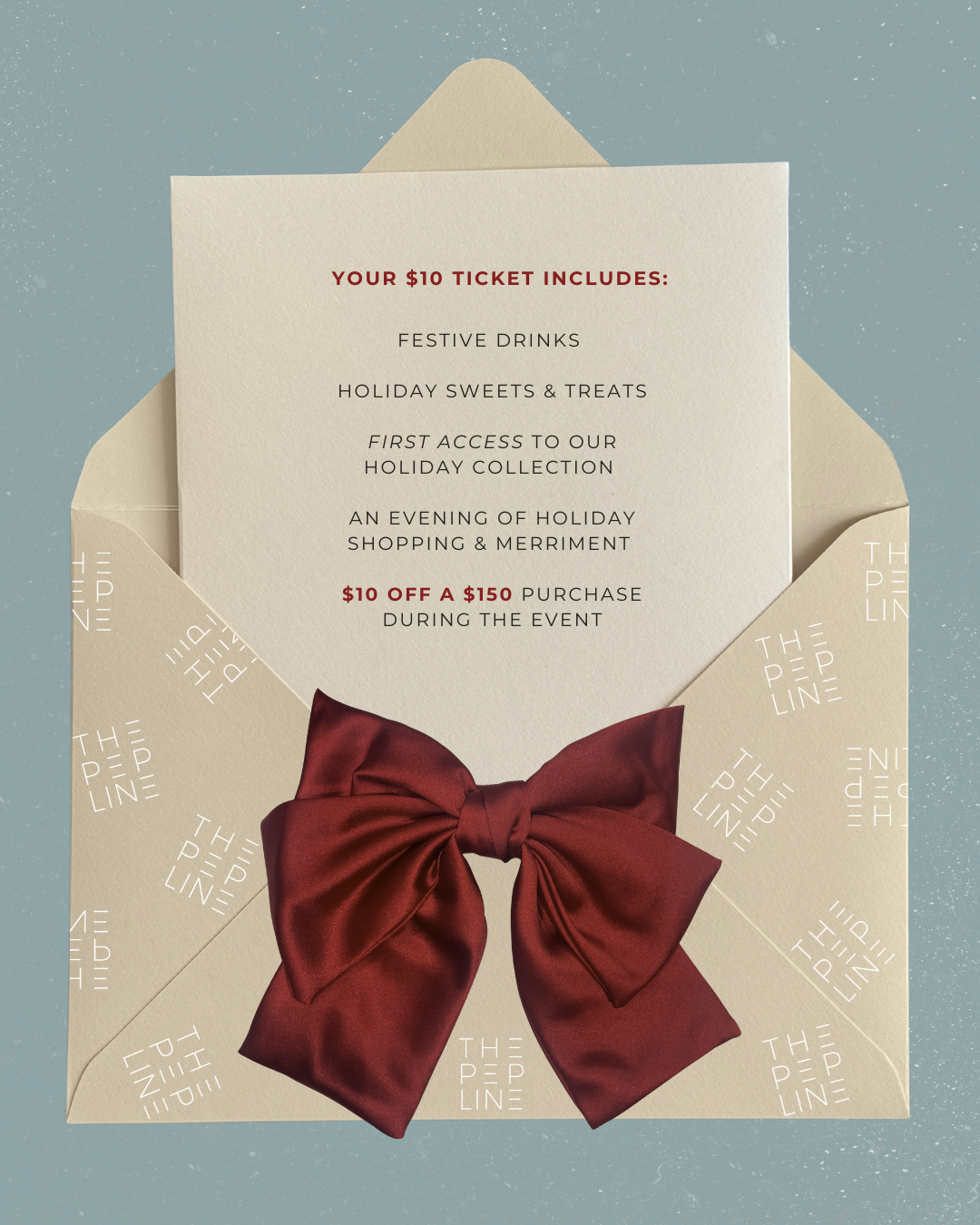 A festive holiday ticket invitation card from The Ped Line, displayed inside an open cream-colored envelope with a large dark red satin bow. The card details a $10 ticket inclusion list, set against a textured slate blue background.