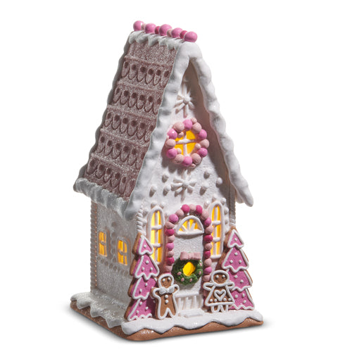Pink and White Lit Gingerbread House