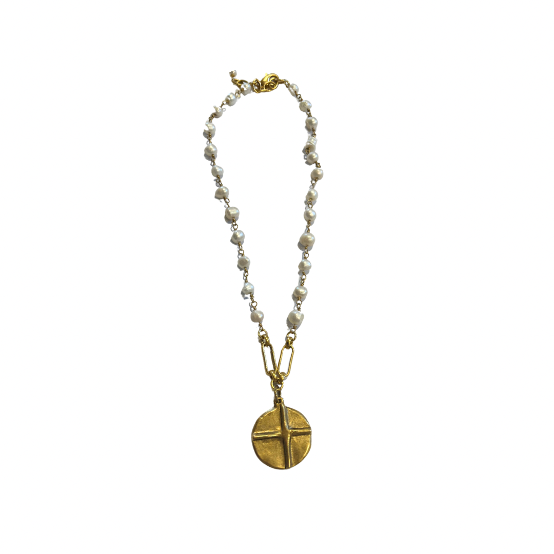 Full Pearl Cross/Heart Amulet Necklace