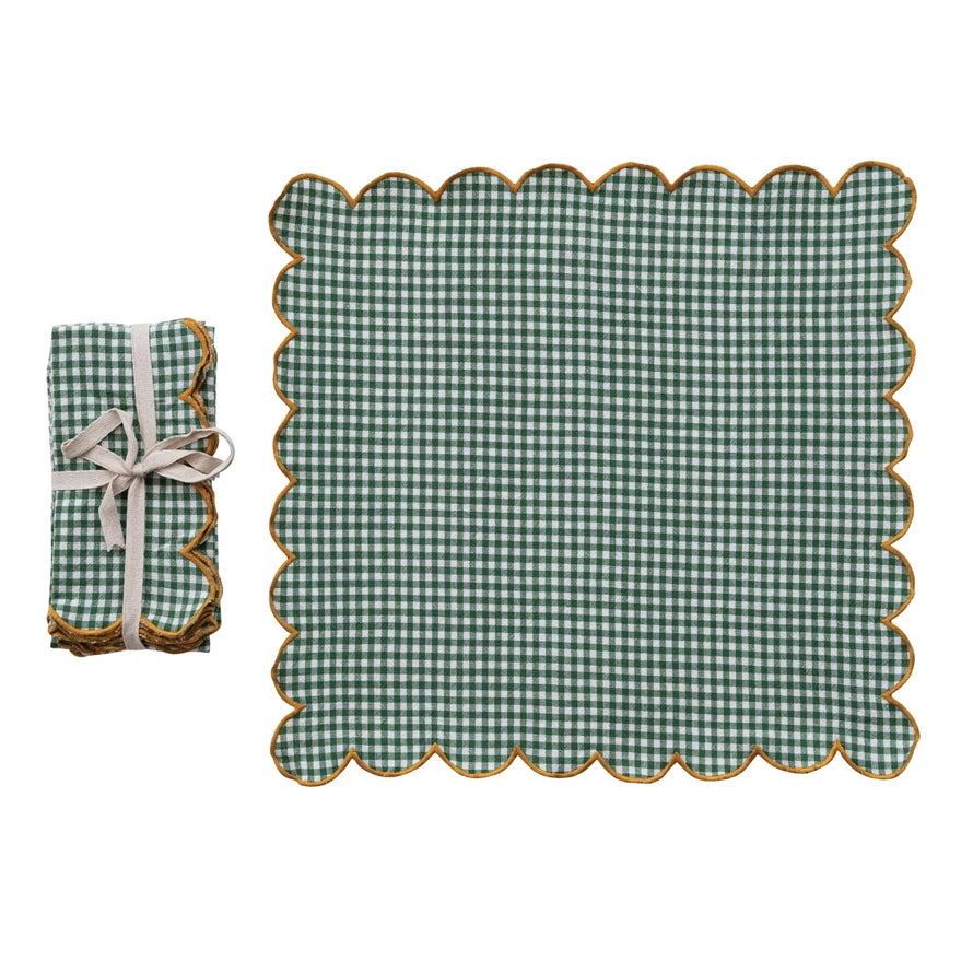 Green Gingham Scalloped Cotton Napkin