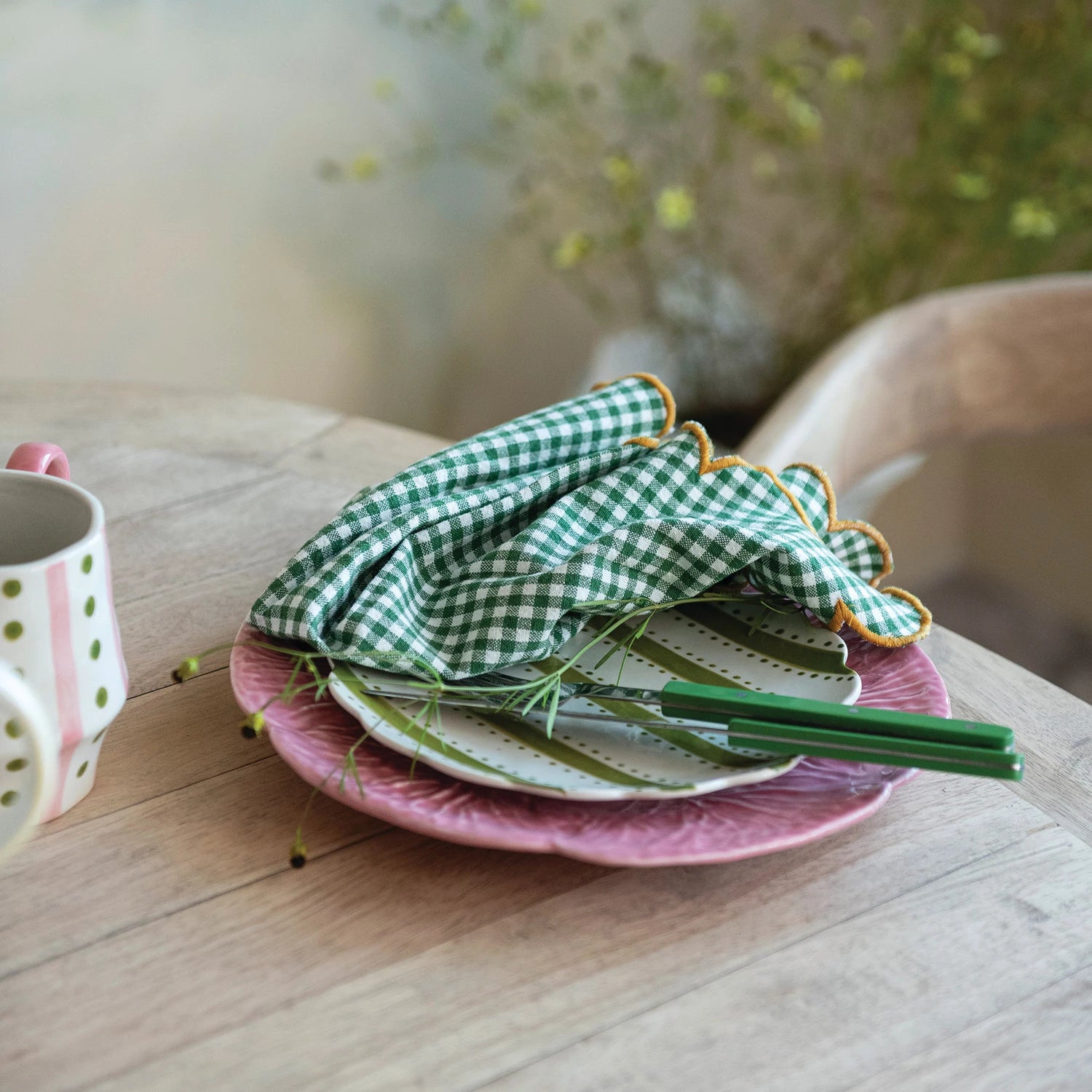 Green Gingham Scalloped Cotton Napkin