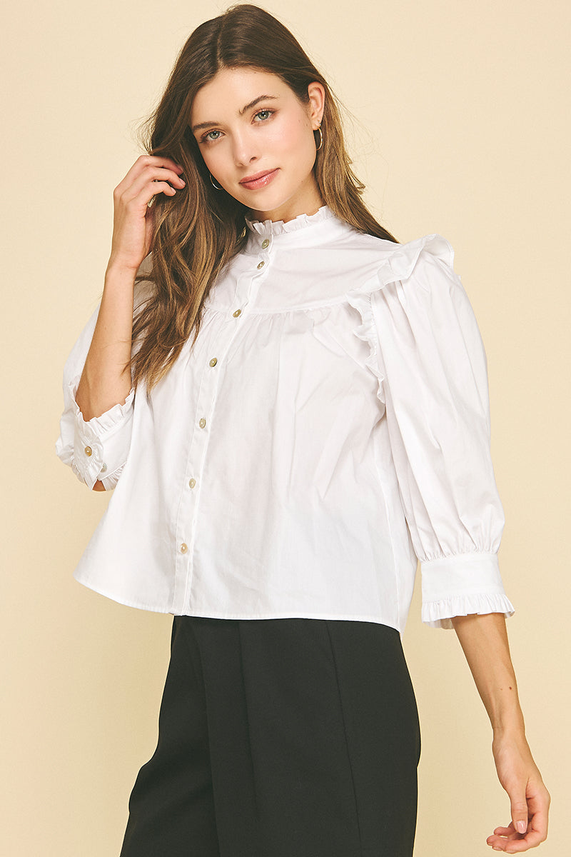 Ruffle Mock Neck Button Down