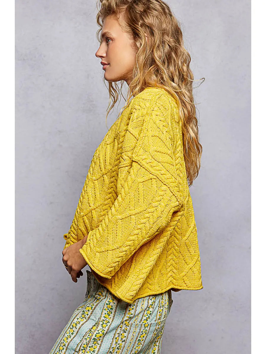 Yellow Cable Knit Cropped Sweater