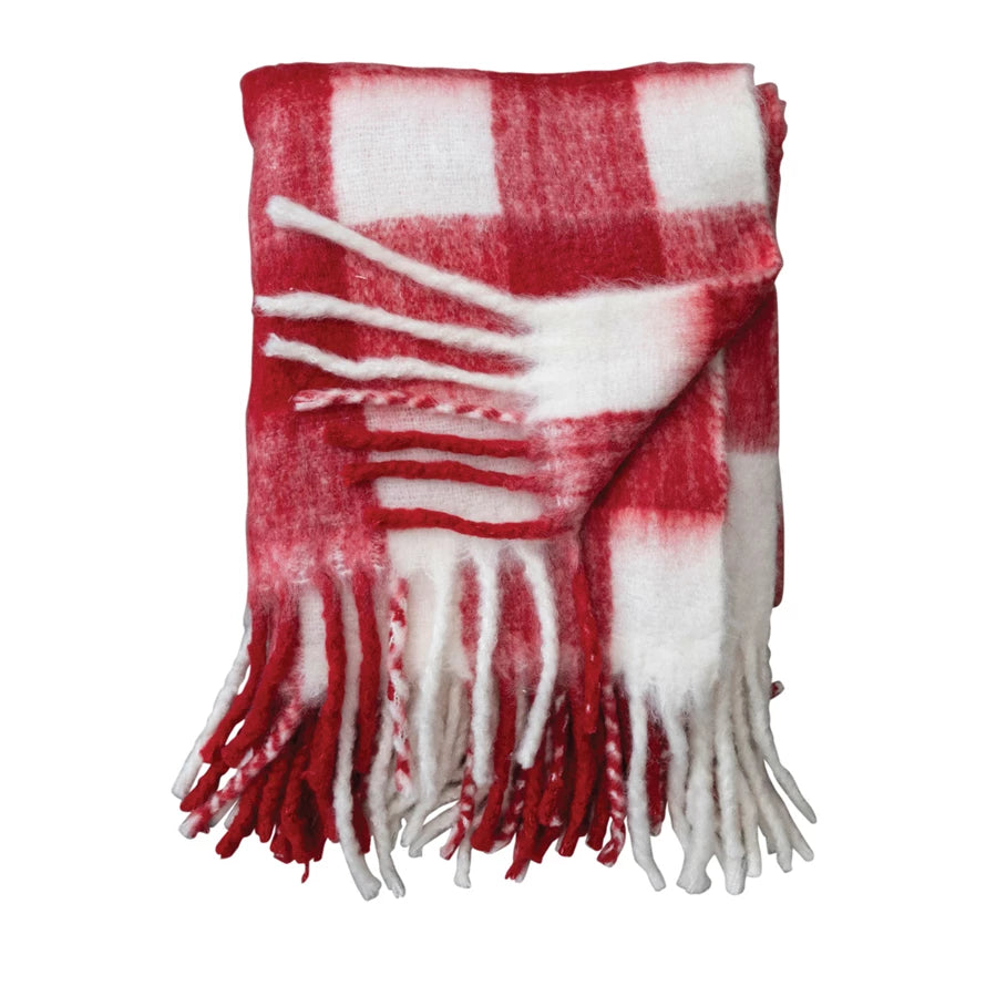 Red and White Plaid Woven Throw