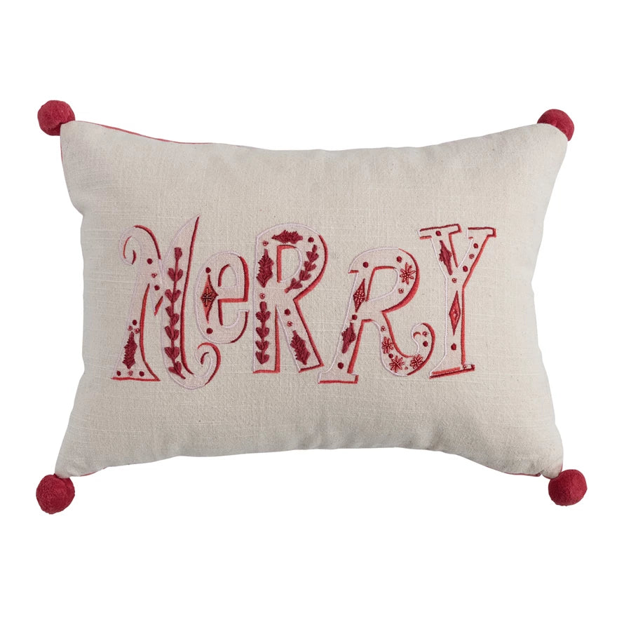 Embroidered Merry Pom Pom Pillow