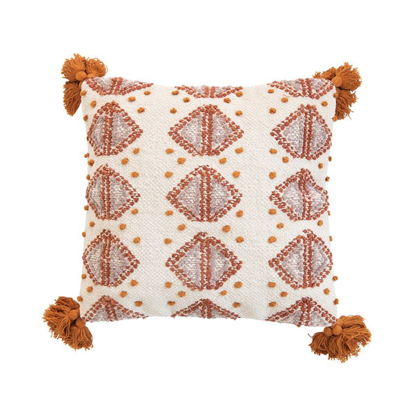 Orange Diamond Pillow with Embroidery and Tassels