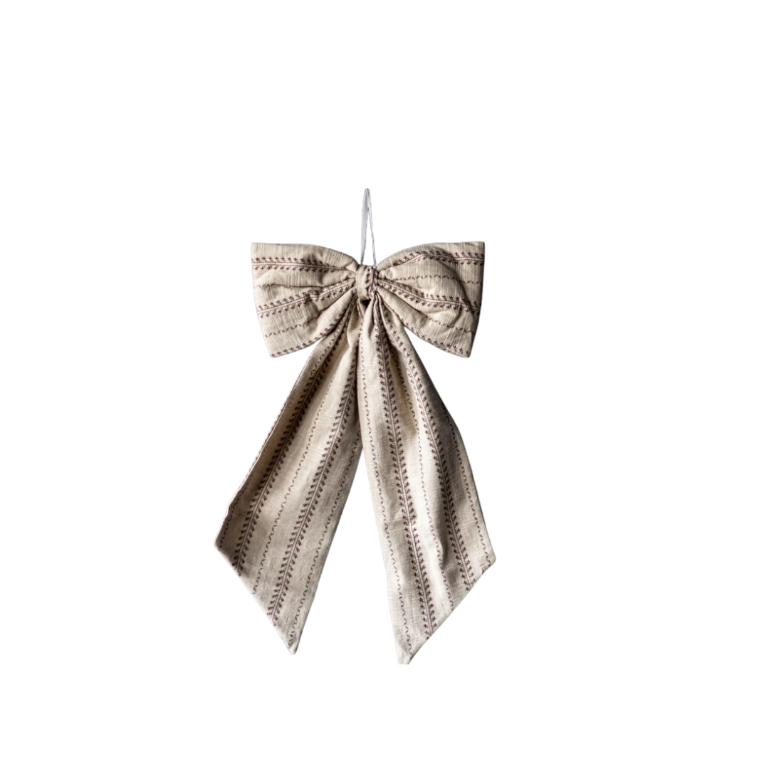 Beige Stripe Embroidered Fabric Bow
