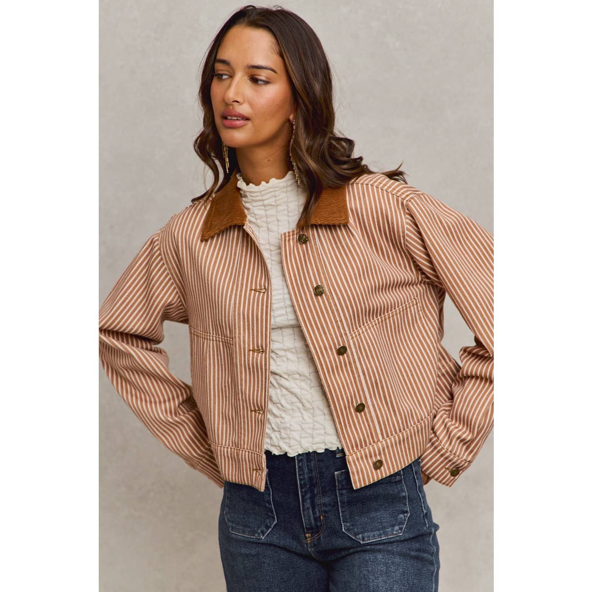 Stripe Twill Button Down Corduroy Collar Jacket