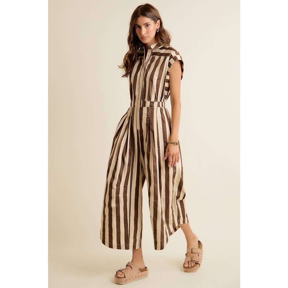 Sleeveless Brown Stripe Jumpsuit