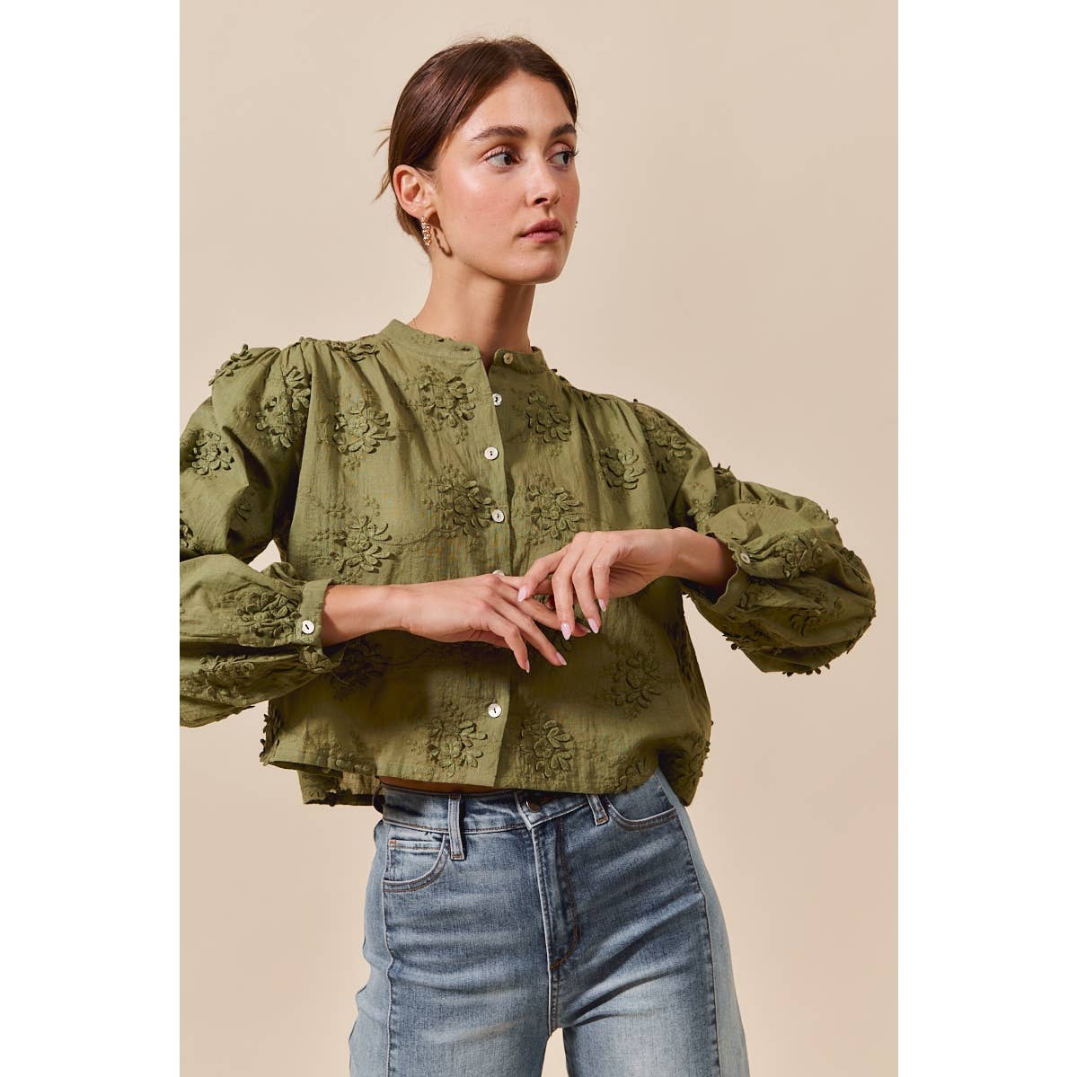 Cropped Floral Long Sleeve Button Front Shirt