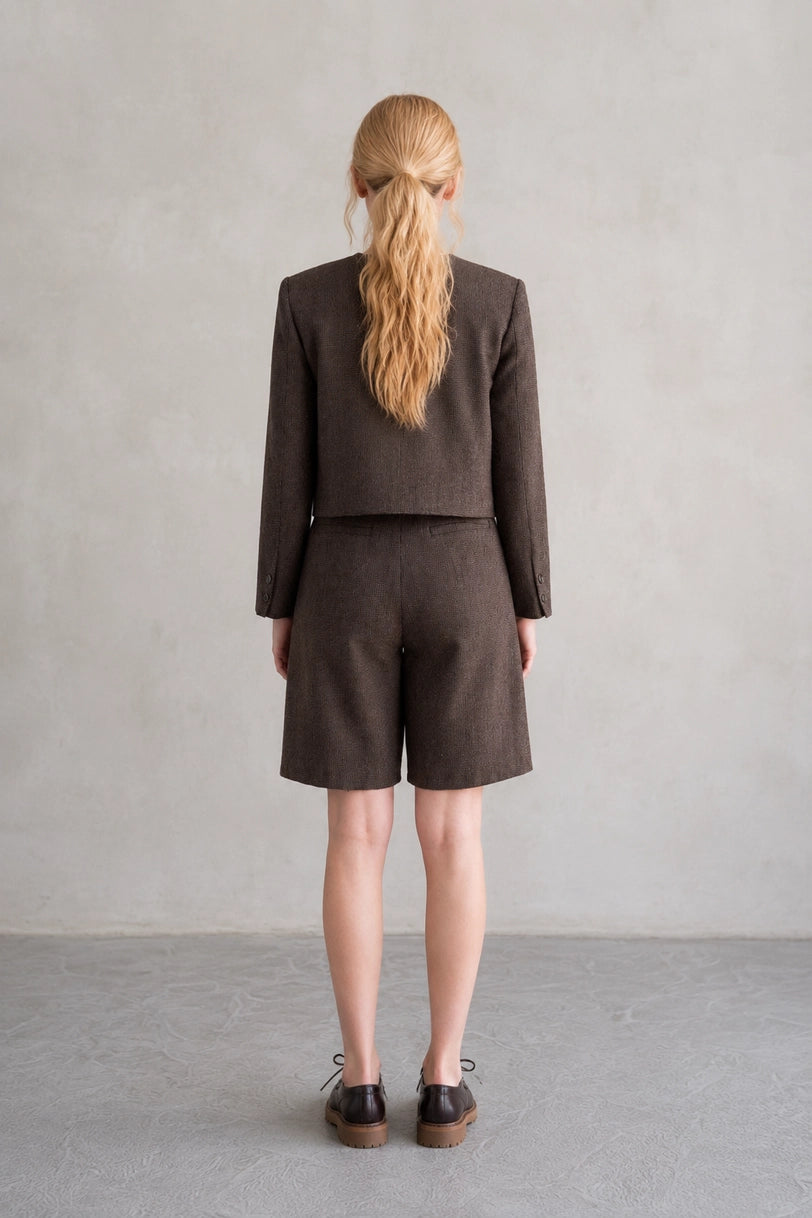 Brown Check Collarless Coat