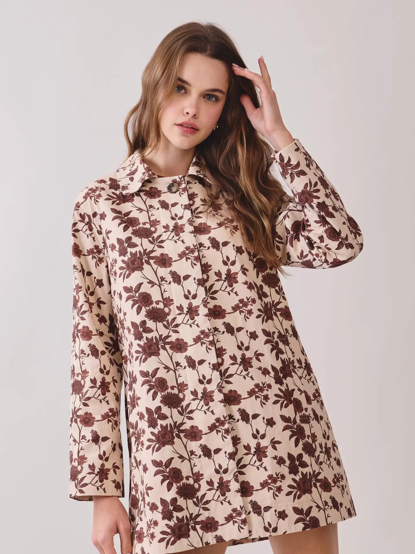 Brown Floral Print Button Down Jacket