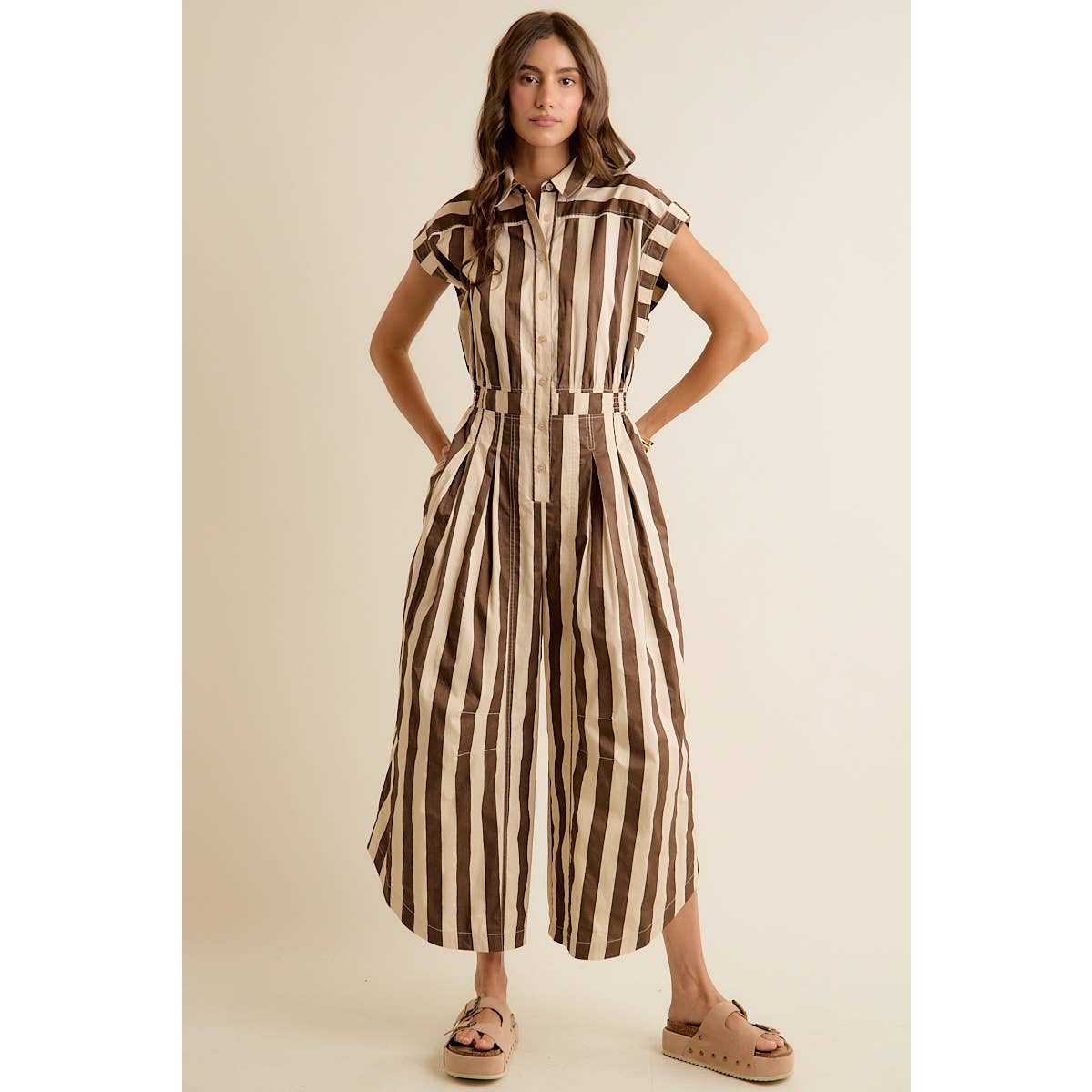 Sleeveless Brown Stripe Jumpsuit