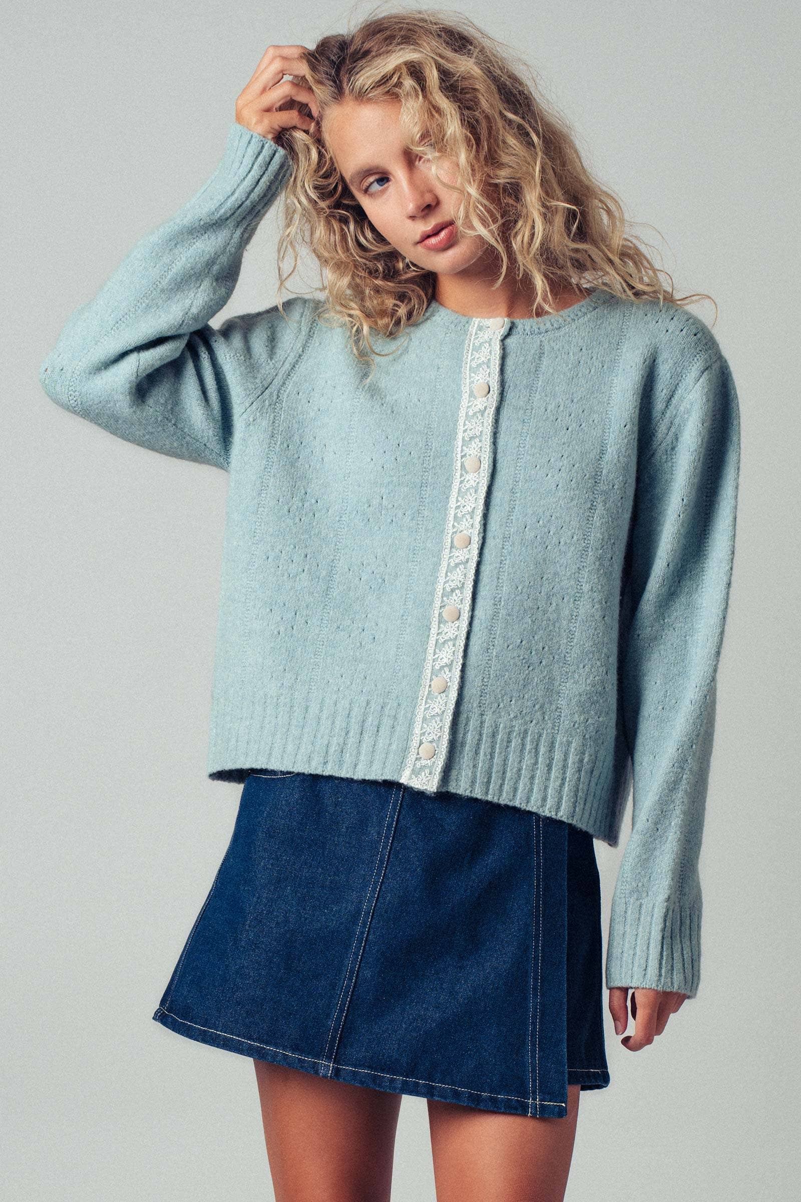 Lace Trim Wool Blend Cardigan