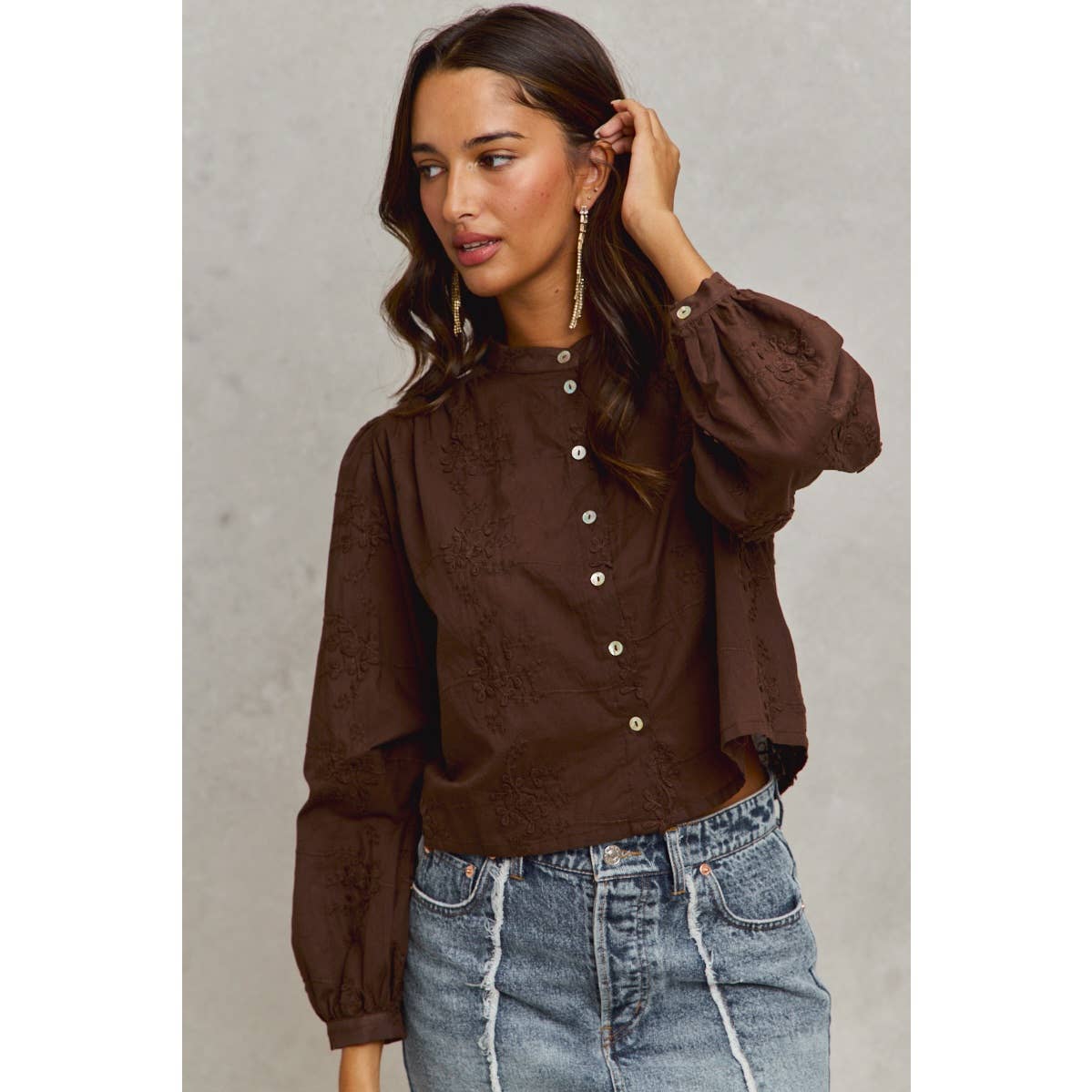 Cropped Floral Long Sleeve Button Front Shirt