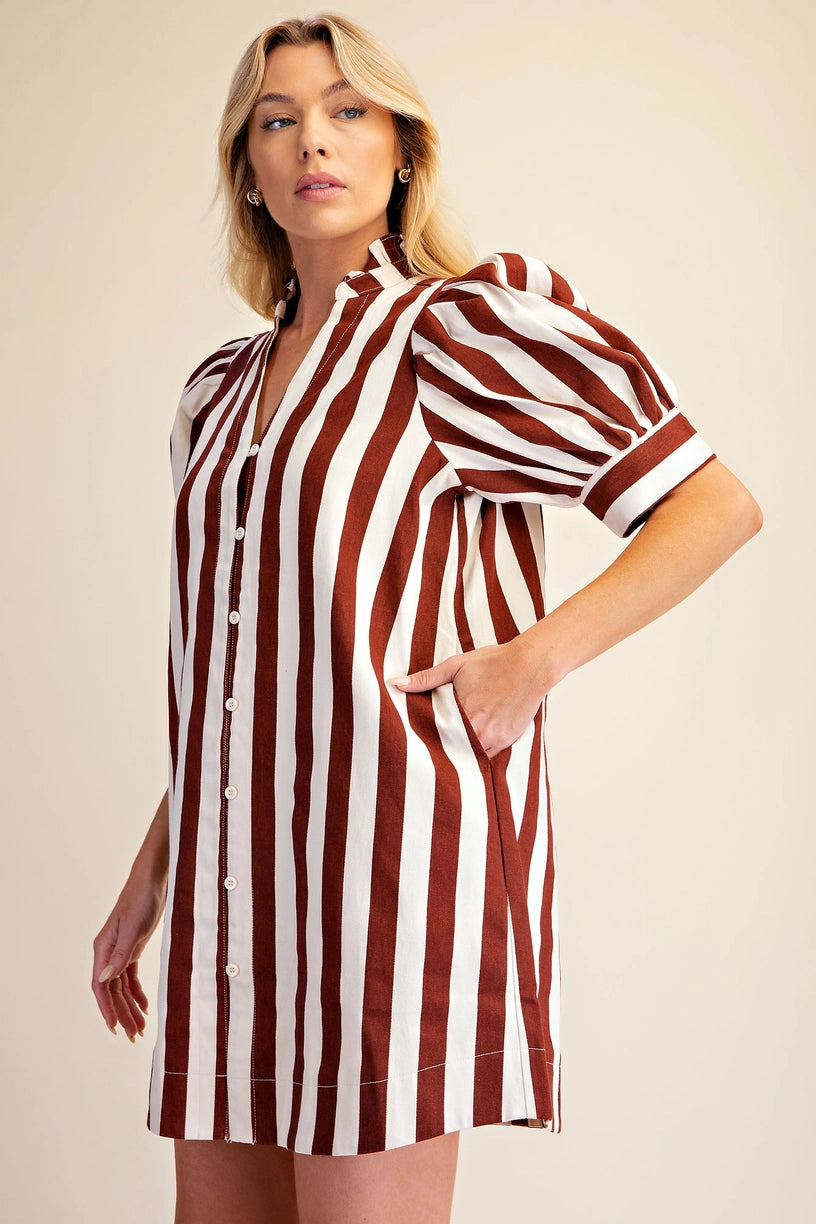 Puff Sleeve Button Down Stripe Mini Dress