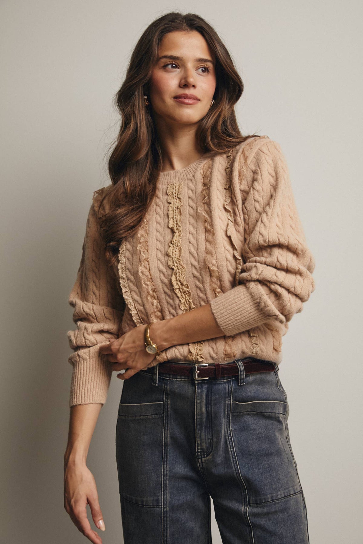 Lace Trim Cable Knit Pullover