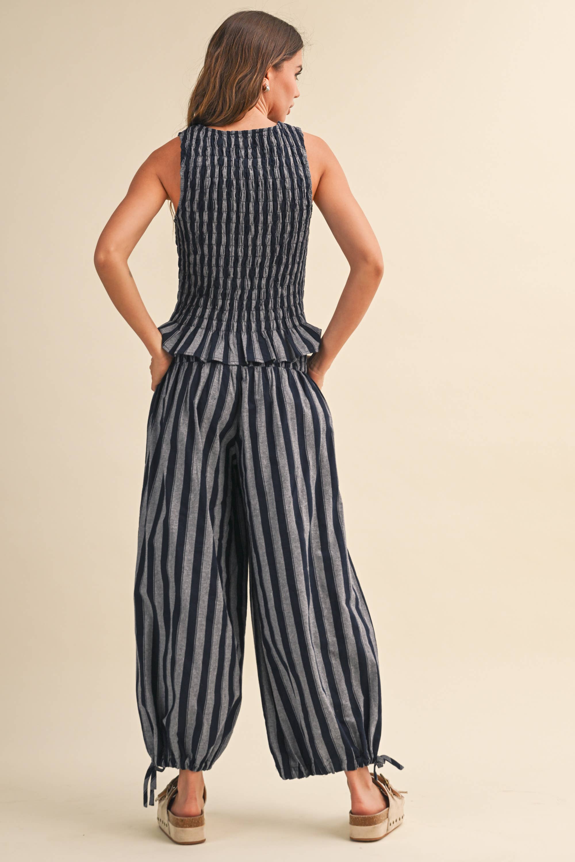 Navy Stripe Smocked Ruffle Top and Pants Set