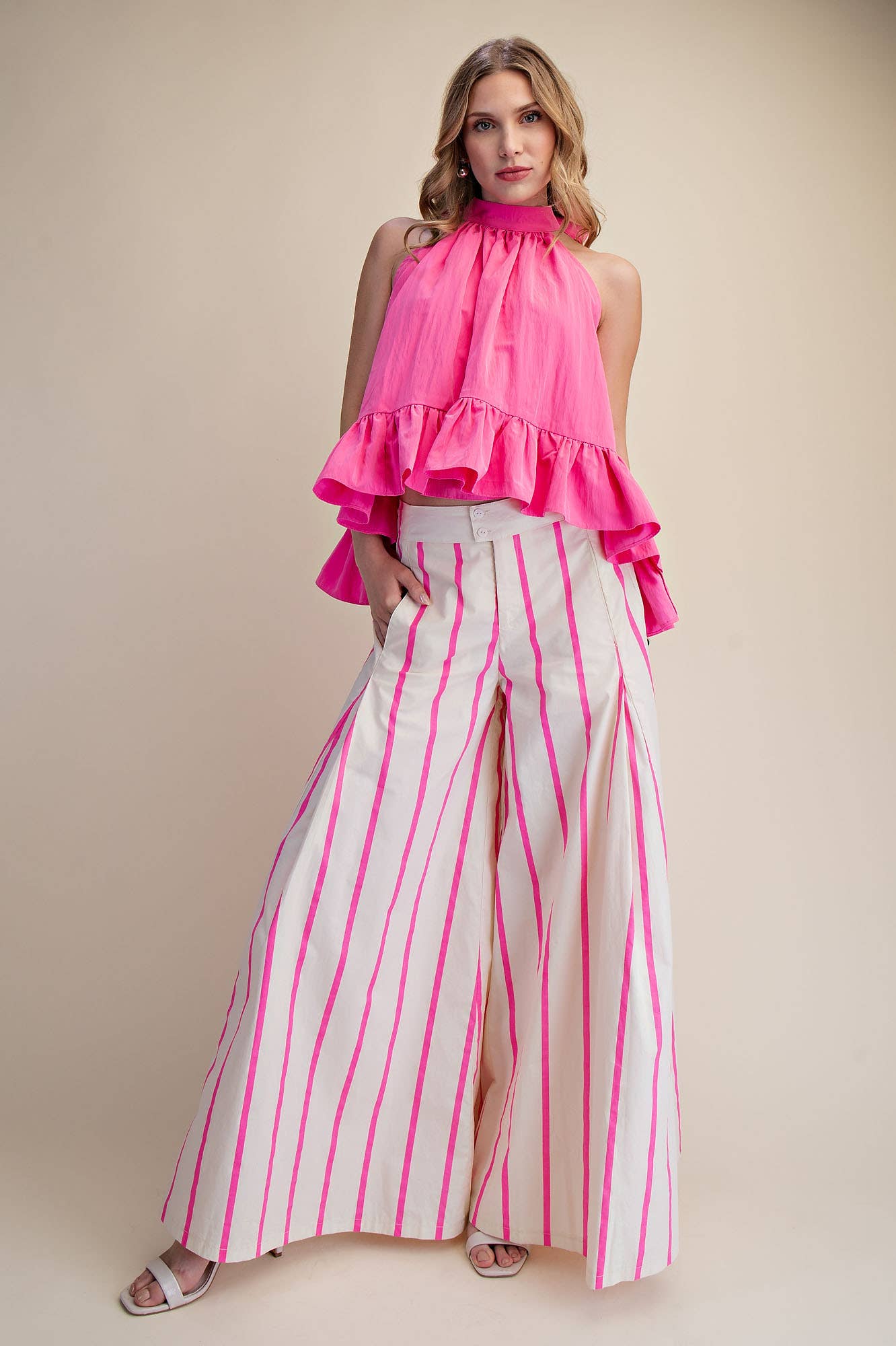 High Waist Wide-Leg Pink Stripe Pants