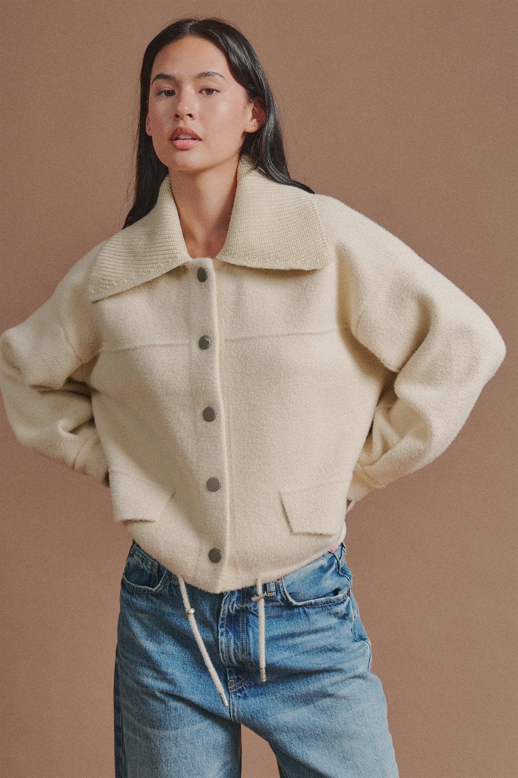 Sweater Knit Jacket with Detachable Collar
