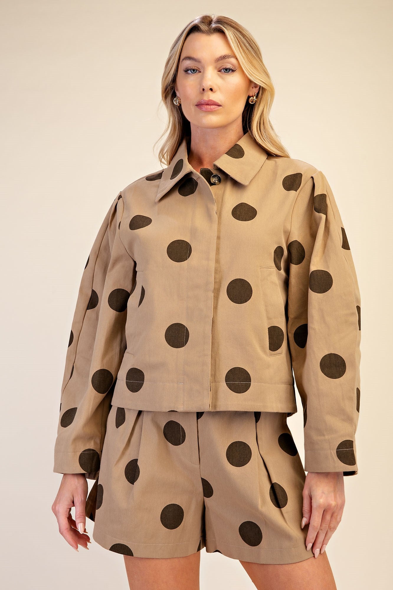 Polka Dot Cropped Jacket & High Waist Shorts