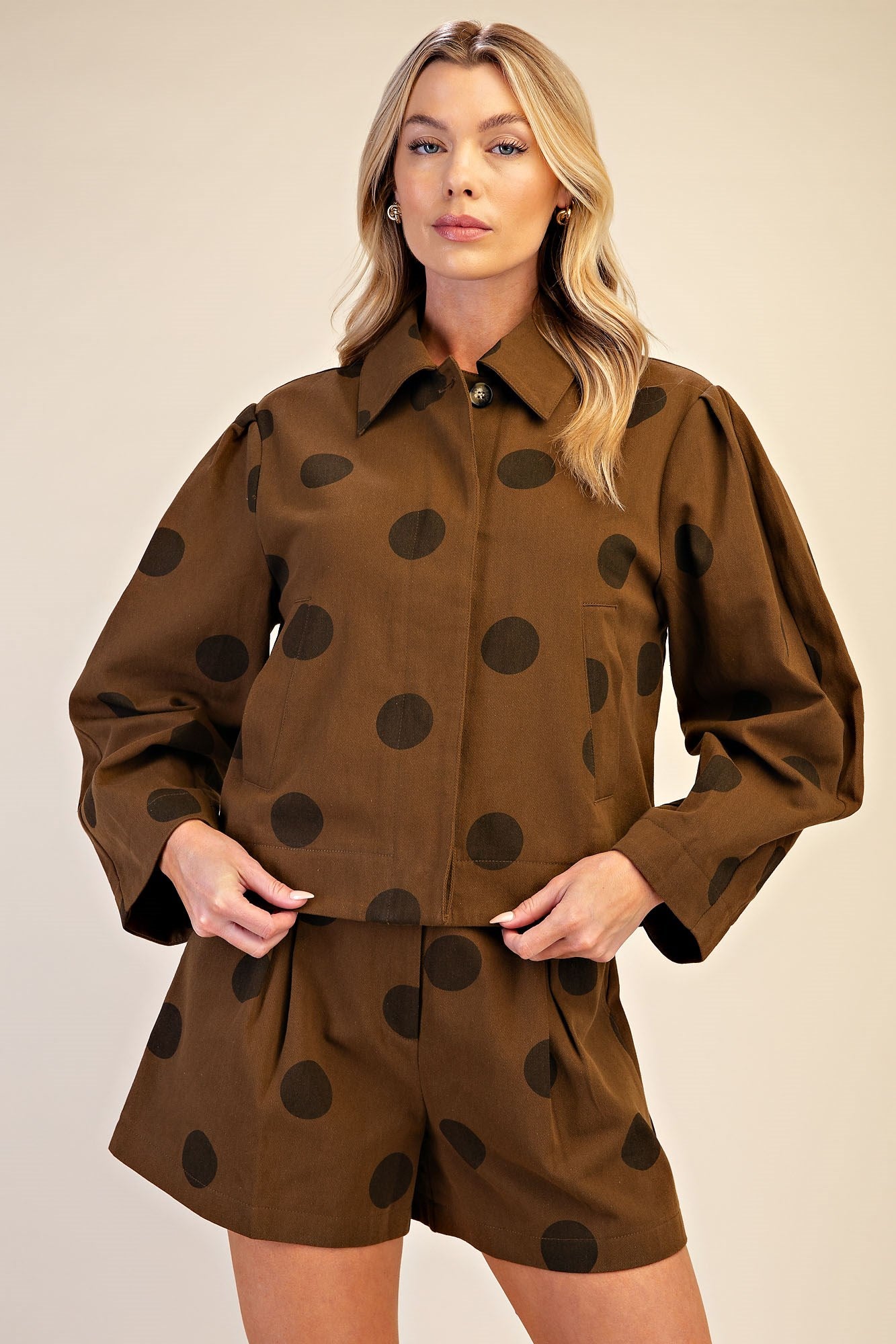 Polka Dot Cropped Jacket & High Waist Shorts