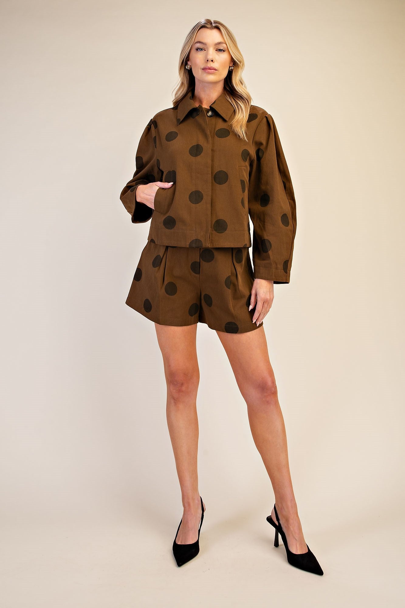 Polka Dot Cropped Jacket & High Waist Shorts