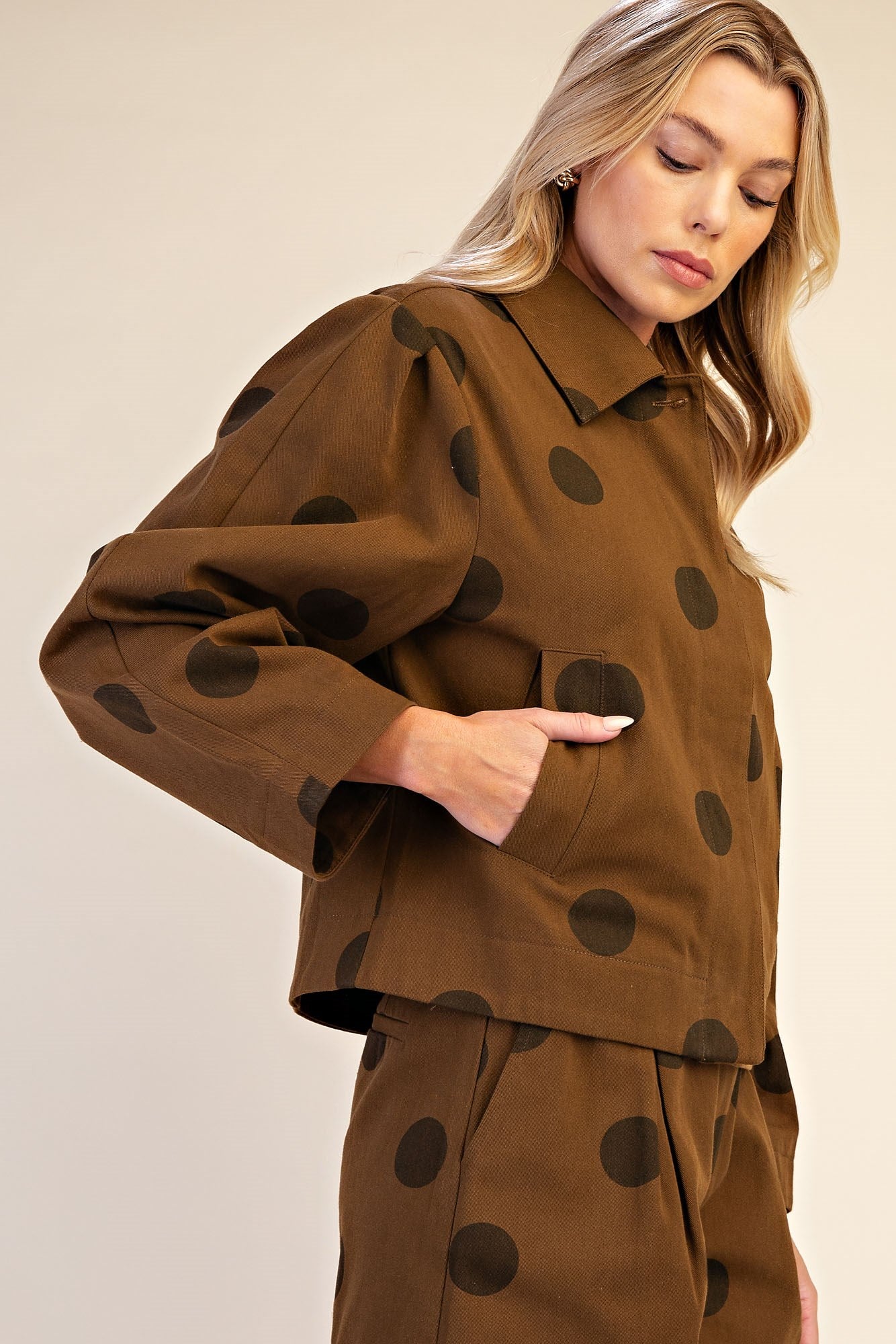 Polka Dot Cropped Jacket & High Waist Shorts