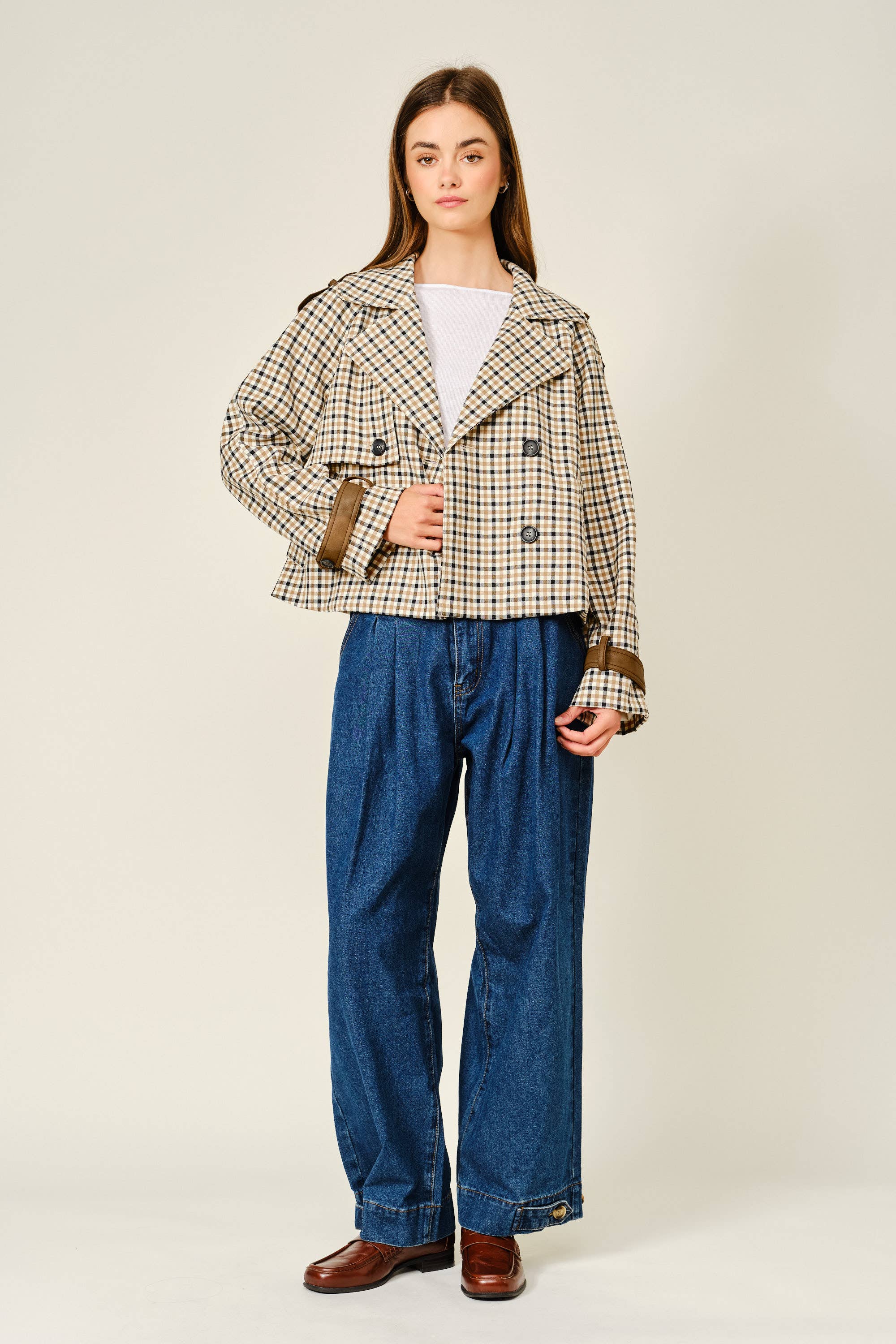 Oxford Plaid Short Trench Jacket